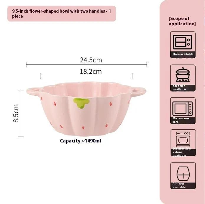 Strawberry pattern ceramic dinnerware set with flower bowls, straw hat plate, and twist spoon
