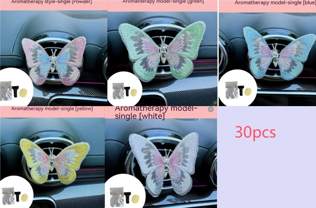 Moving embroidery butterfly decoration on car centre console air vent in pink fabric