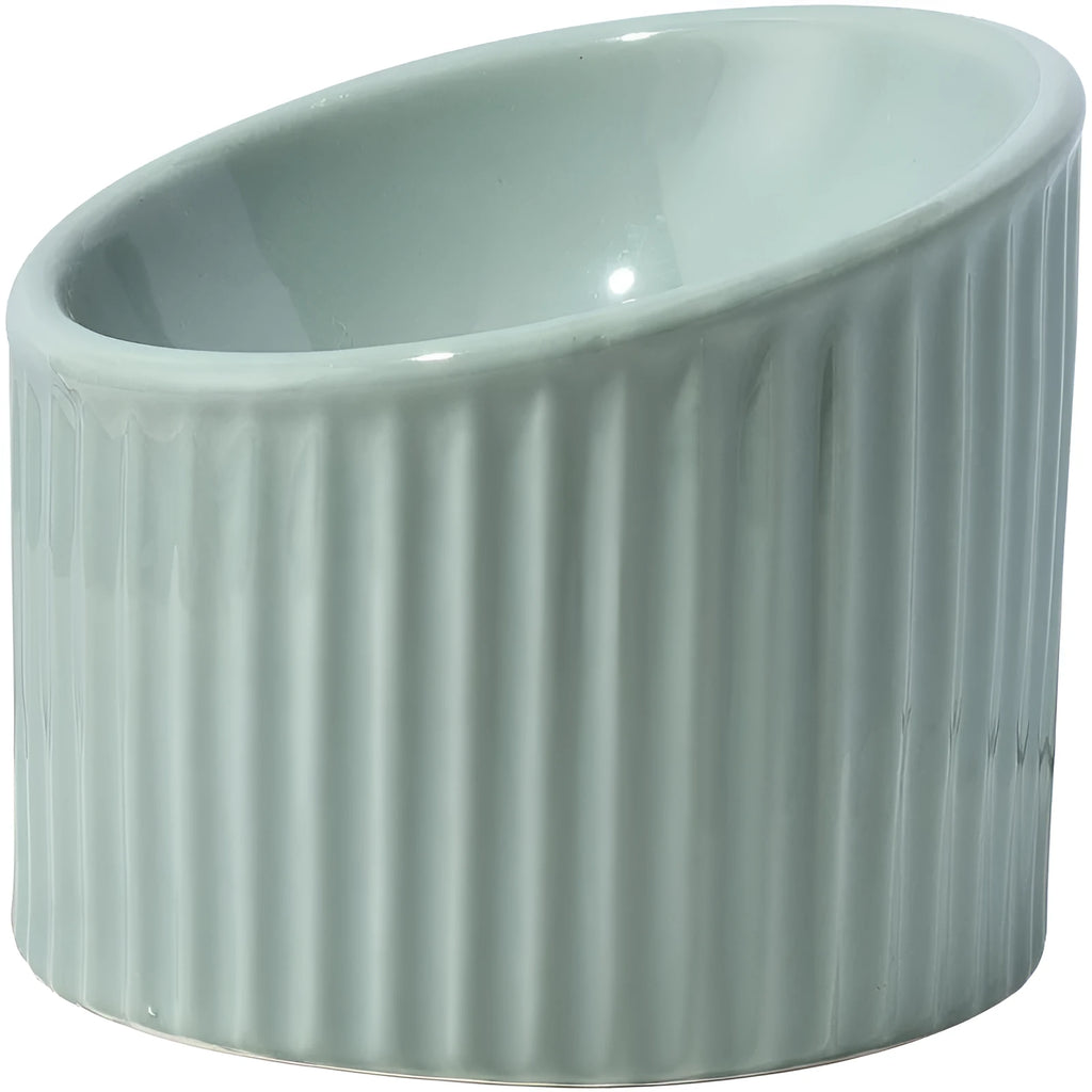 Elevated ceramic cat bowl in green, showing tilted design and raised height for feeding.