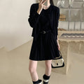 Women's grey knitted vest skirt and cardigan two-piece set with 3D pattern