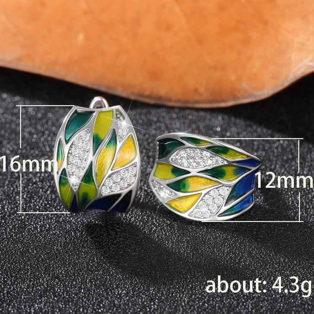 Pastoral style green mori enamel zircon ear clips with leaf motif, white gold colour on copper base