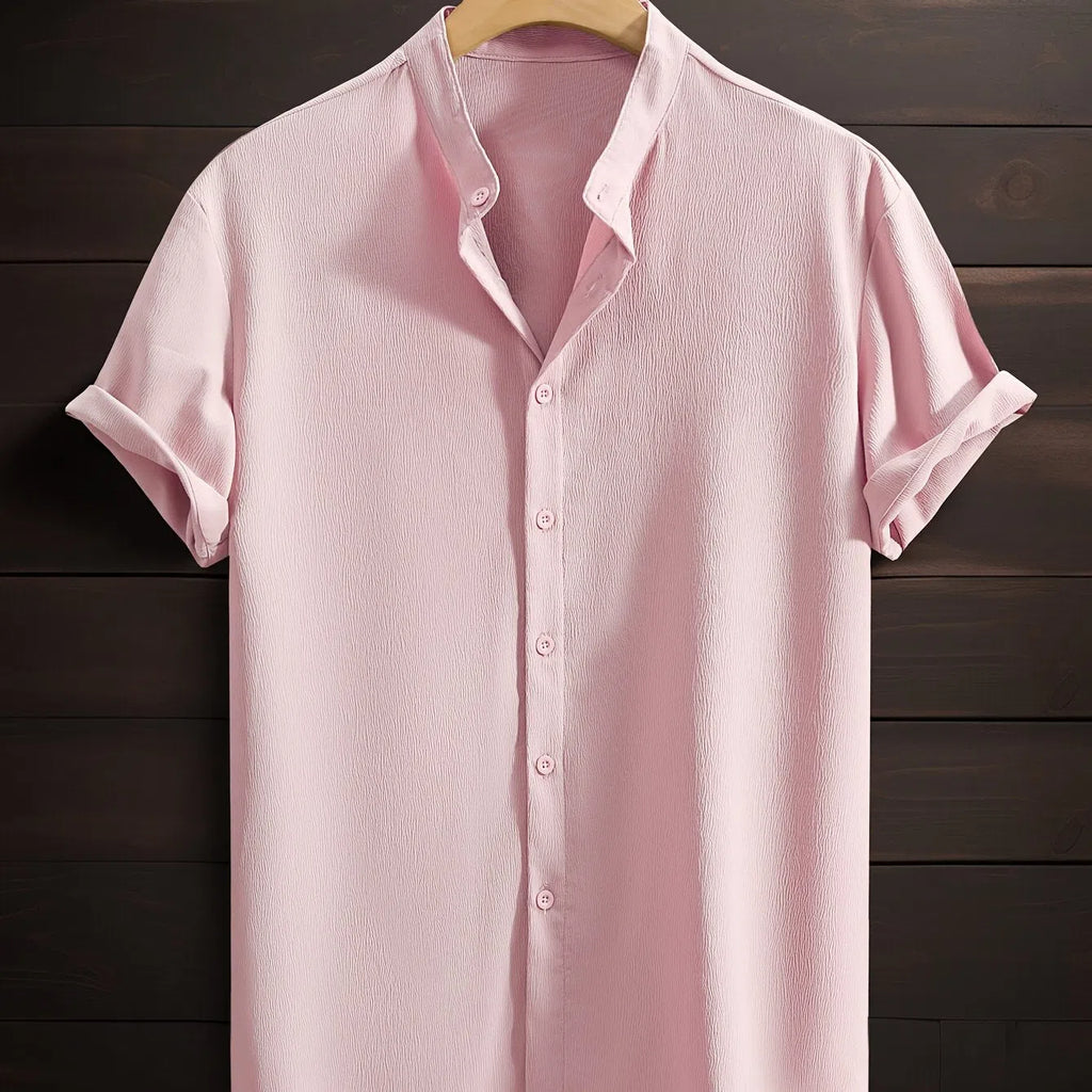 Men's casual short sleeve shirt in solid colour with stand collar, made from 100% breathable polyester fibre, loose fit