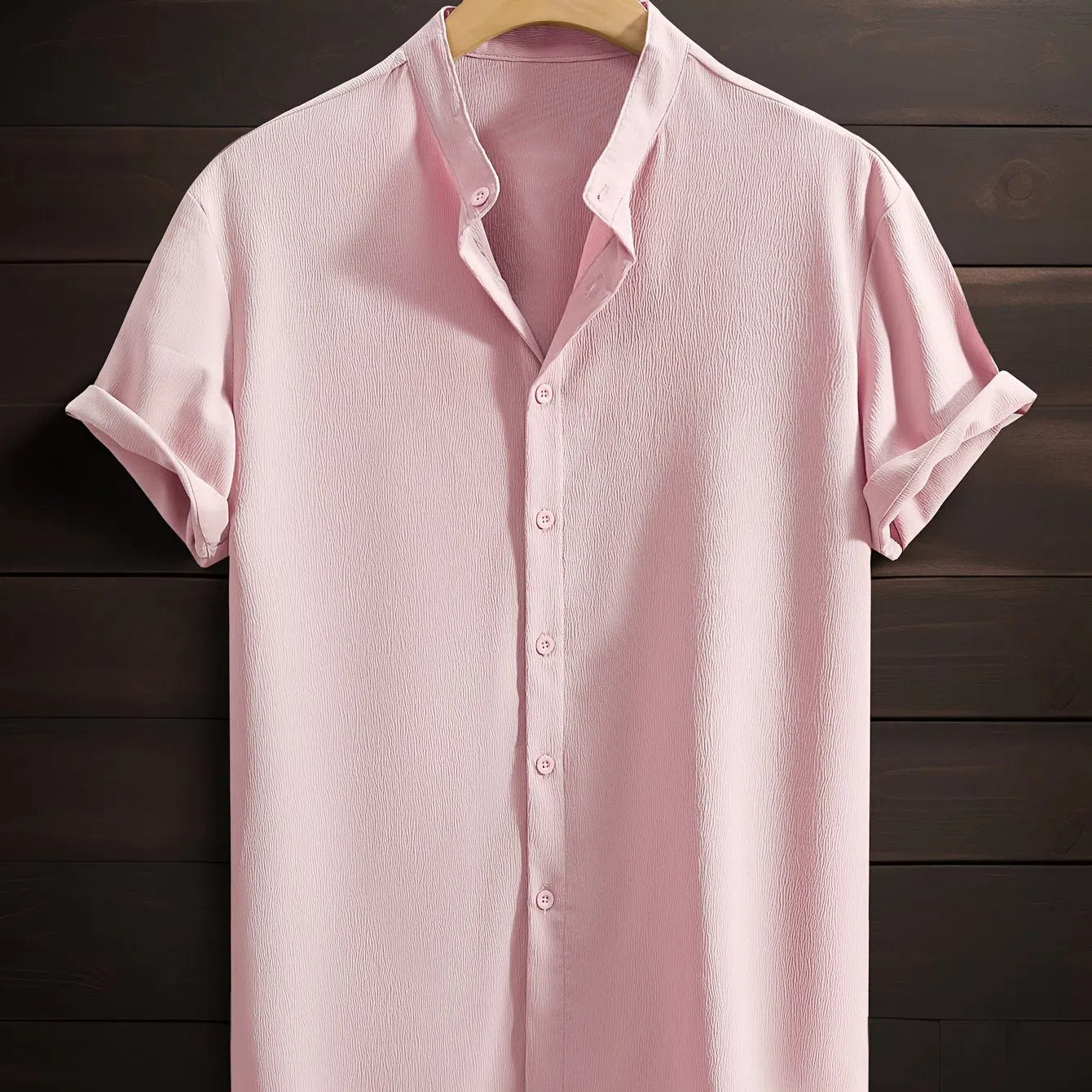 Men's casual short sleeve shirt in solid colour with stand collar, made from 100% breathable polyester fibre, loose fit