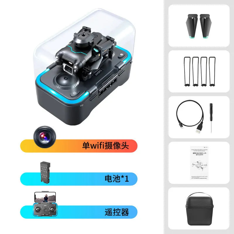 Black S96 quadcopter drone with four propellers and a camera, shown on a stand.