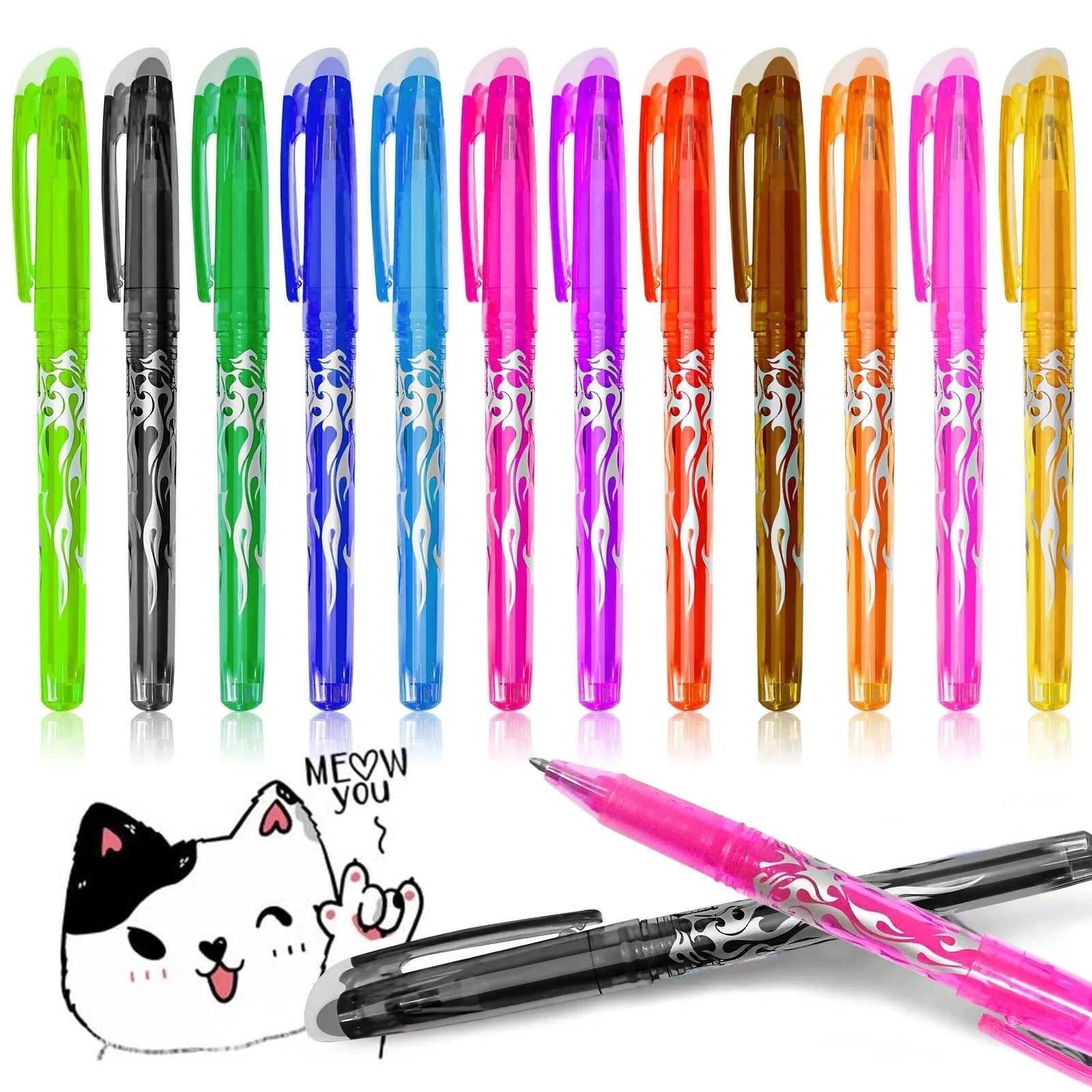 Heat-erasable gel pens with plastic barrels and stainless steel nibs in multiple colours