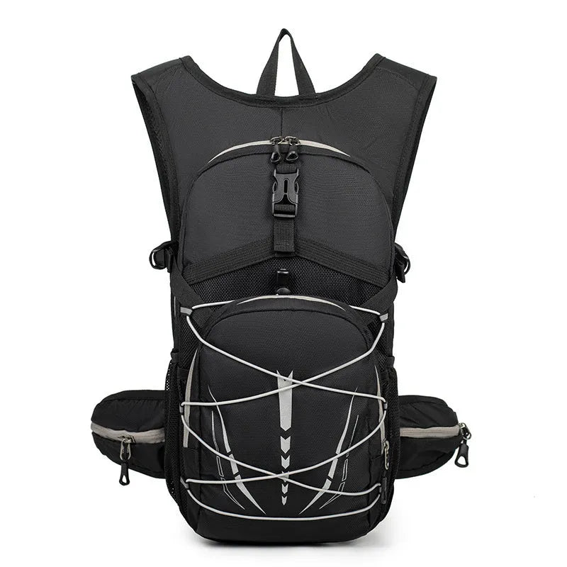 Lightweight breathable mesh hydration backpack in black with reflective details for trail running or mountain biking