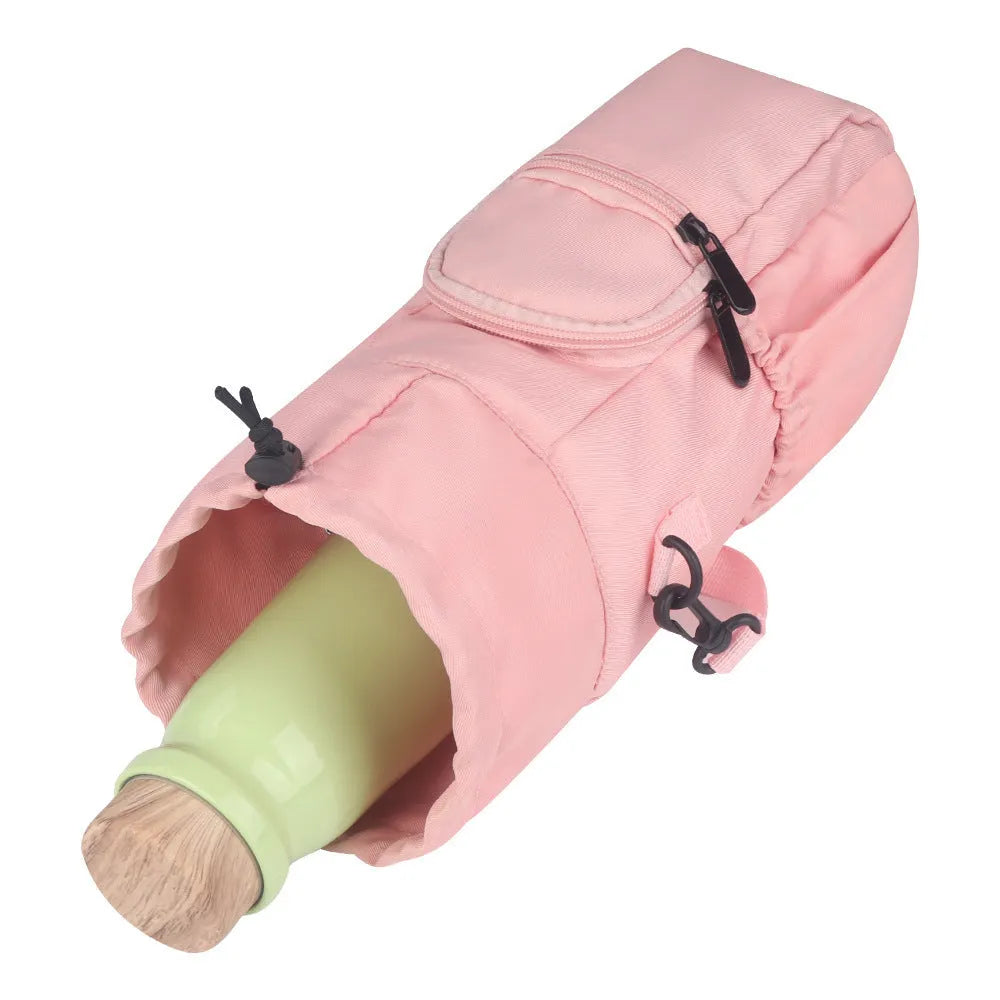 Black cloth crossbody water bottle pouch shown holding a bottle.