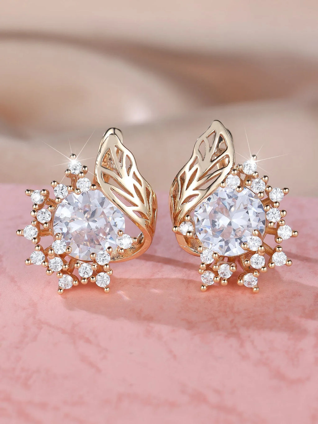 Round flower feather design zircon earrings in electroplated champagne gold with coloured stone options