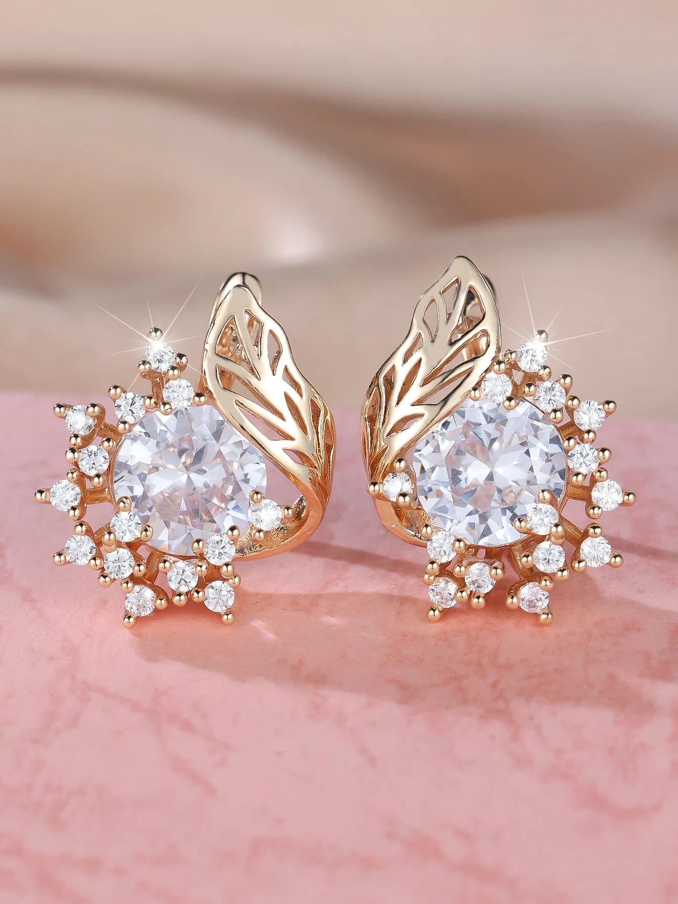 Round flower feather design zircon earrings in electroplated champagne gold with coloured stone options