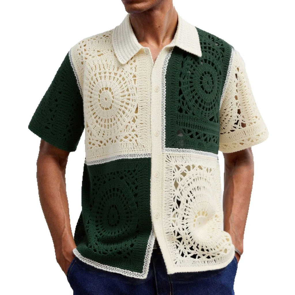 Men's beige colourblock short sleeve knit shirt with flocked detailing, regular fit, acrylic fibre fabric, front view on model