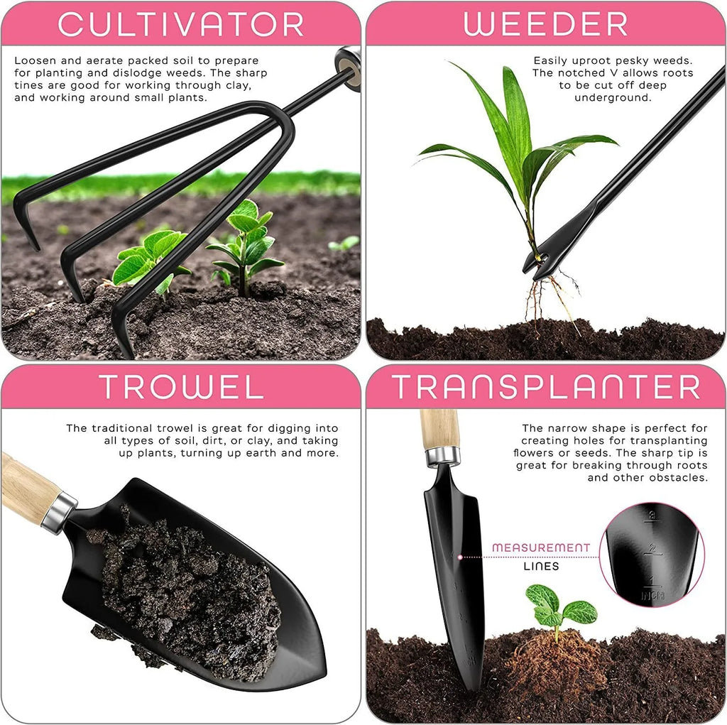 Stainless steel gardening hand tools set of eight pieces including trowel and fork on a garden surface