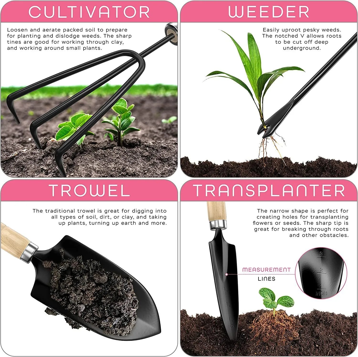 Stainless steel gardening hand tools set of eight pieces including trowel and fork on a garden surface