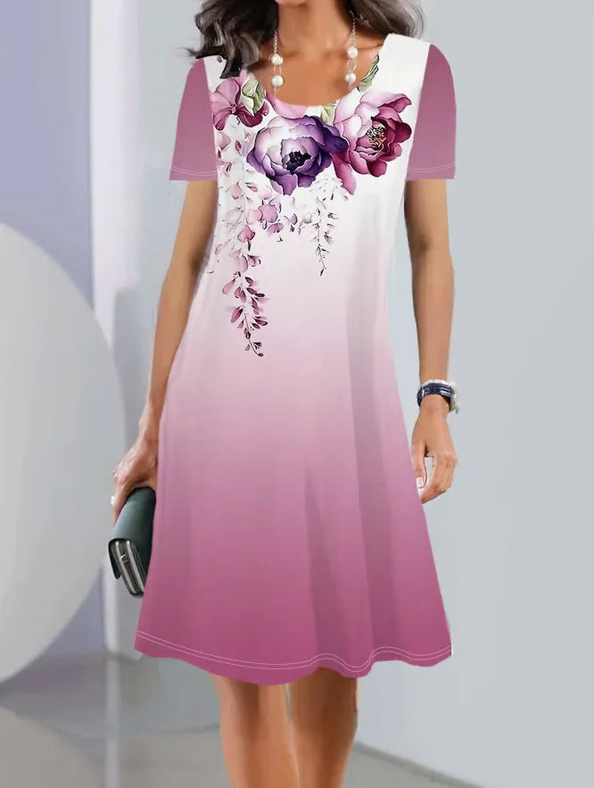 Women's floral print summer dress in ice silk fabric with A-line silhouette and short sleeves