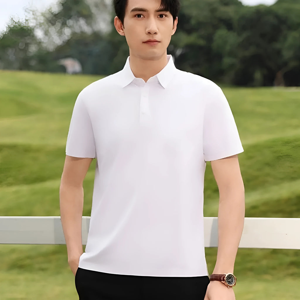 Men's solid colour seamless lapel t-shirt in black, slim fit, short sleeves, front view