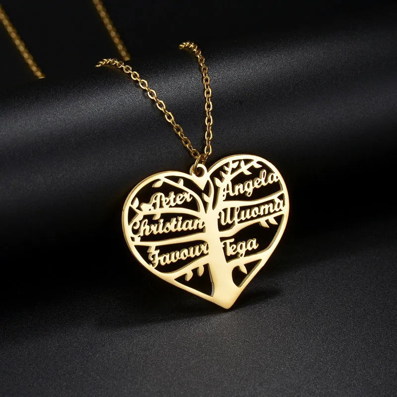 Custom stainless steel name necklace with hollow heart pendant showing engraved names in a family tree design.