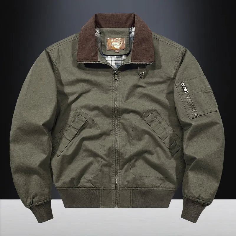 Men's plus size washed cotton baseball jacket shown in Camel colour on a hanger.