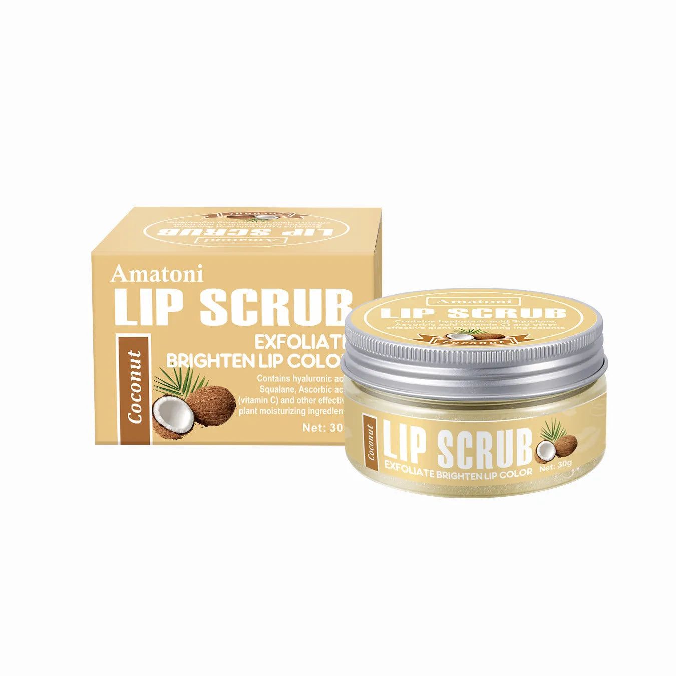 Amatoni 30g fruit flavour lip scrub cream jar in coconut raspberry vanilla watermelon options