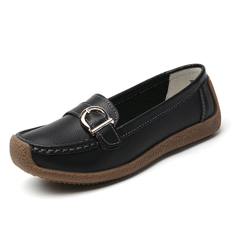 Women's beige casual loafers with a round toe and shallow slip-on design on a soft beef tendon sole.