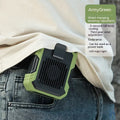Green wearable wrist fan with LED light and USB charging port, showing adjustable strap.