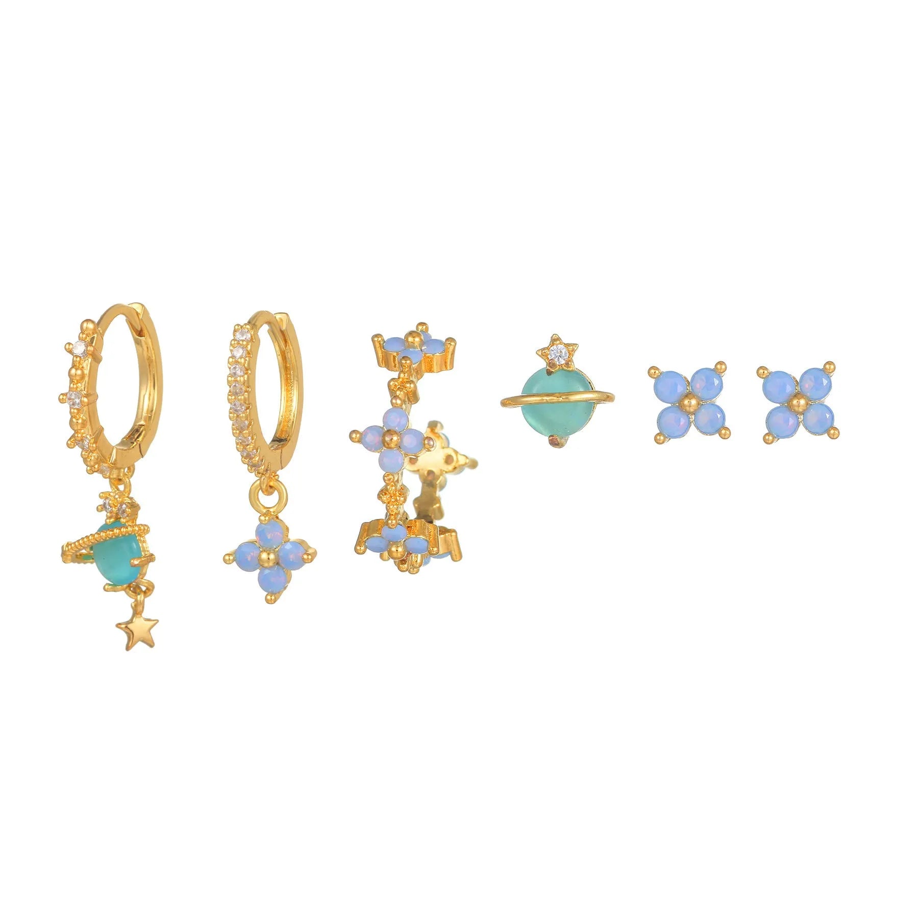 Flower-shaped stud earrings with zircon crystal centres in gold and silver colour options