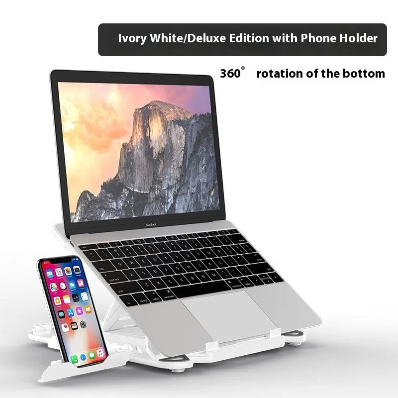 Black ABS plastic laptop bracket with adjustable tilt angle on wooden desk