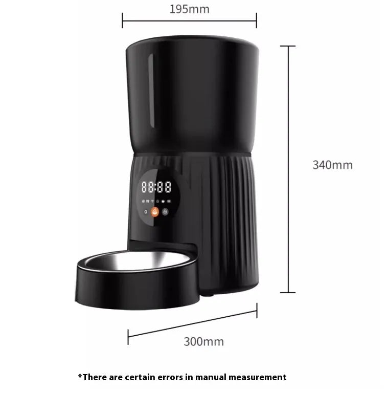 Black automatic pet feeder with digital display and food container showing portion control settings