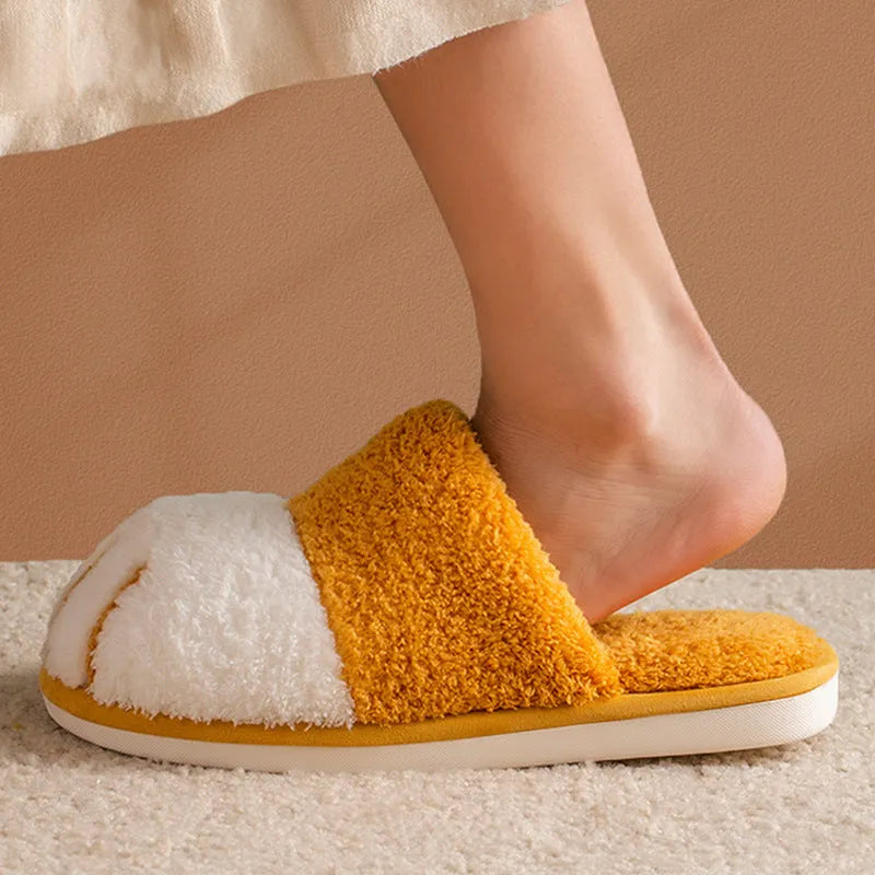 Furry paw slippers in caramel colour, suede upper with closed-toe Baotou style, non-slip PVC sole for indoor use