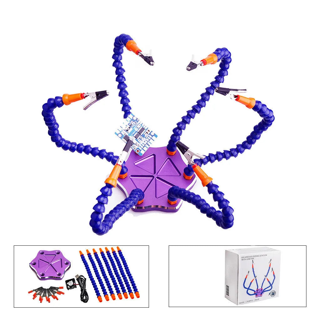Black and purple six-claw aluminium alloy welding station with multiple adjustable arms for model soldering.