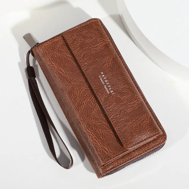 Men's black PU leather long wallet open showing multiple card slots and a zipped coin pocket.