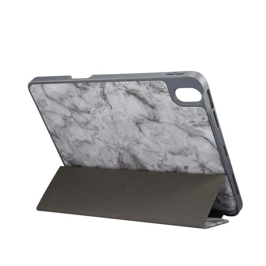Tri-fold imitation leather iPad case with marbling pattern and integrated Apple Pencil slot.