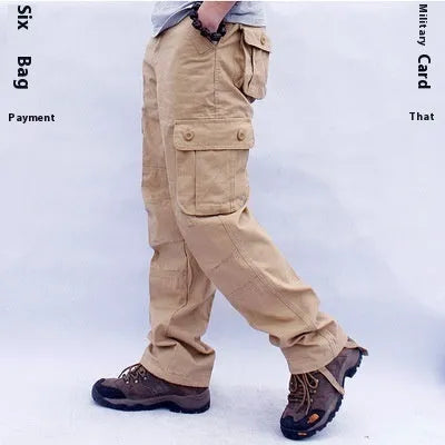 Men's multi-pocket cotton work trousers in solid colour, straight leg, mid waist, zip fly, size L to 5XL