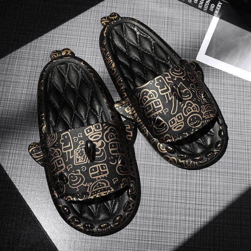 Beige and black EVA open-toe home slippers with a shark design on the front, shown as a couple's pair.