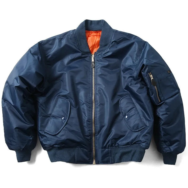Men's army green loose-fit cotton-padded pilot jacket with double-sided wear-resistant nylon construction.
