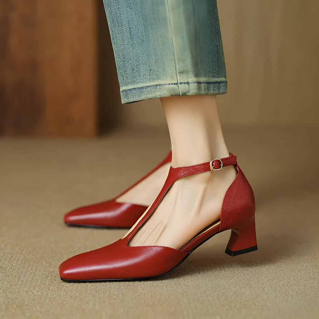 Wine red women's chunky heel shoes with square toe and buckle, made from sheepskin leather.