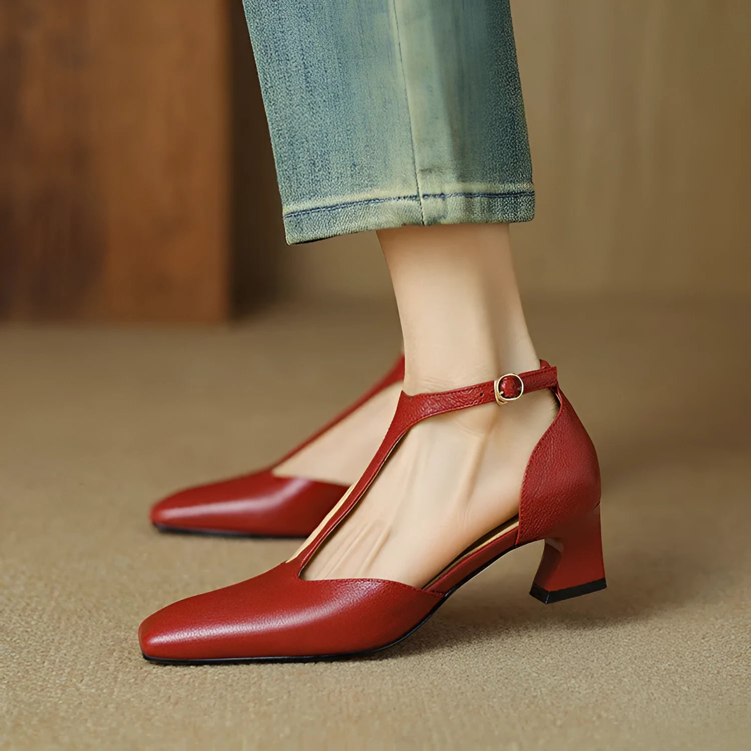 Wine red women's chunky heel shoes with square toe and buckle, made from sheepskin leather.