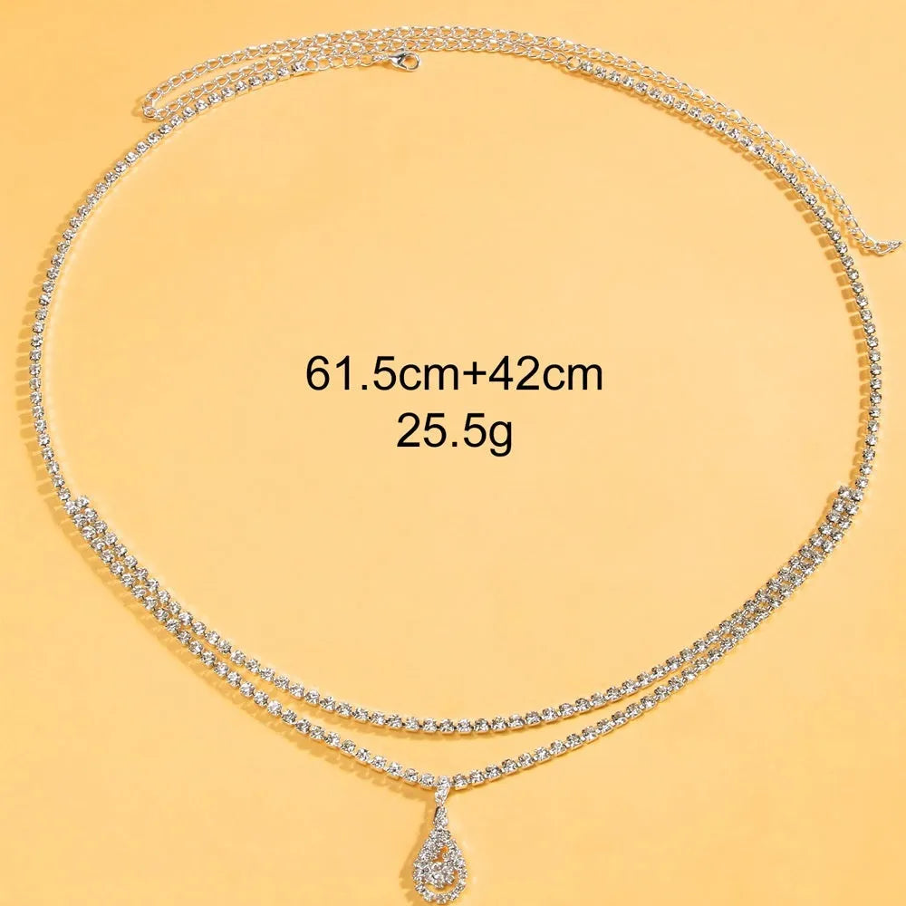 Gold rhinestone water drop pendant waist chain with lobster clasp, 115cm length