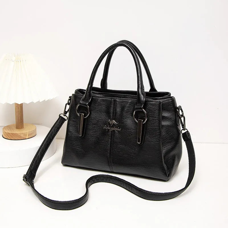 Women's large capacity crossbody soft leather bag in PU material, horizontal square shape, with sandwich zipper pocket, available in multiple colours
