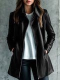 Black women's medium-length polyester leather jacket on a hanger