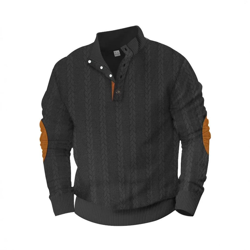 Fashion jacquard buckle long sleeve embroidered patch sweater in caramel colour