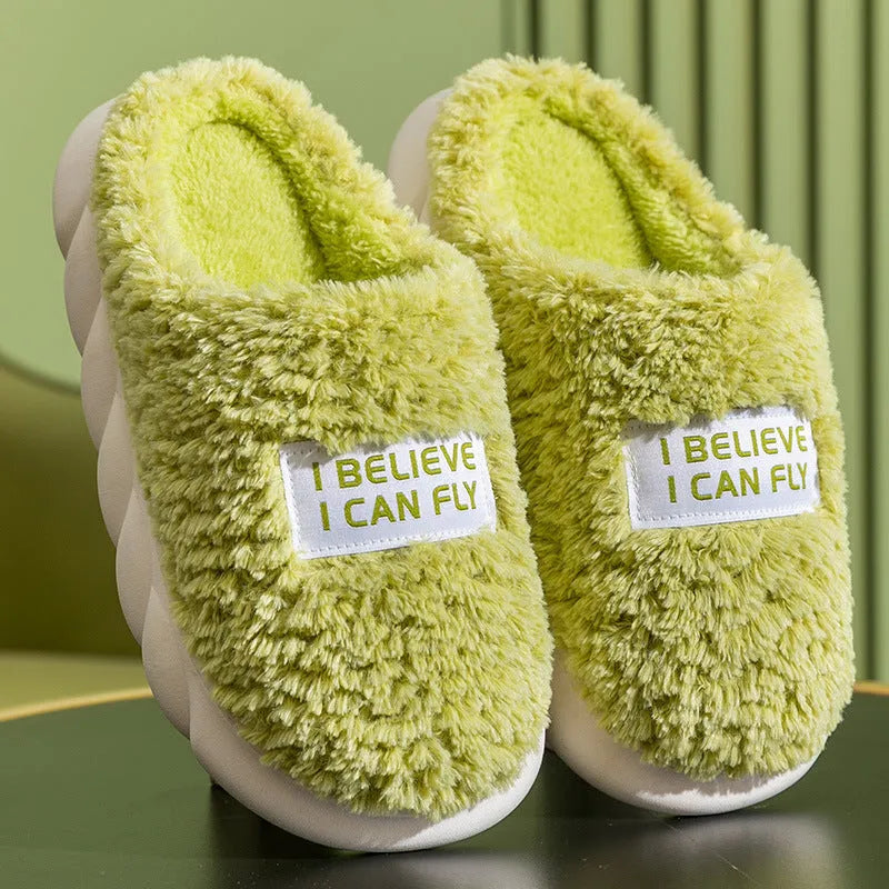 Warm plush slippers with faux fur lining and PVC sole in brown, a unisex home shoe for winter