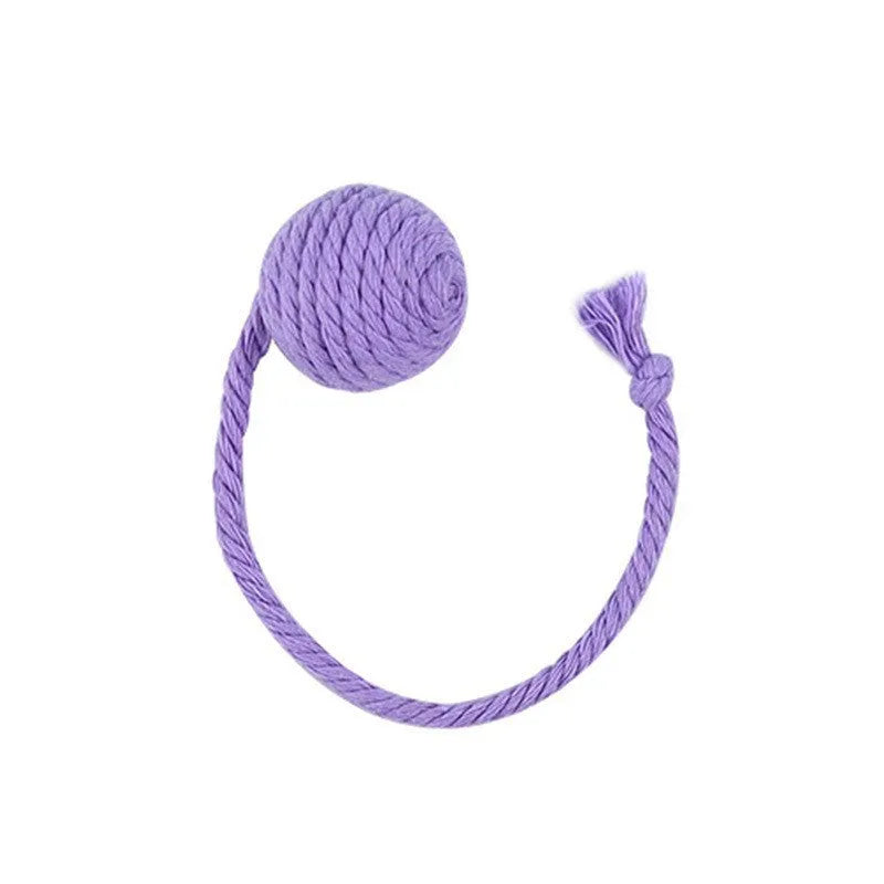 Colourful cat toy ball with rope and built-in bell available in green pink purple yellow for kittens