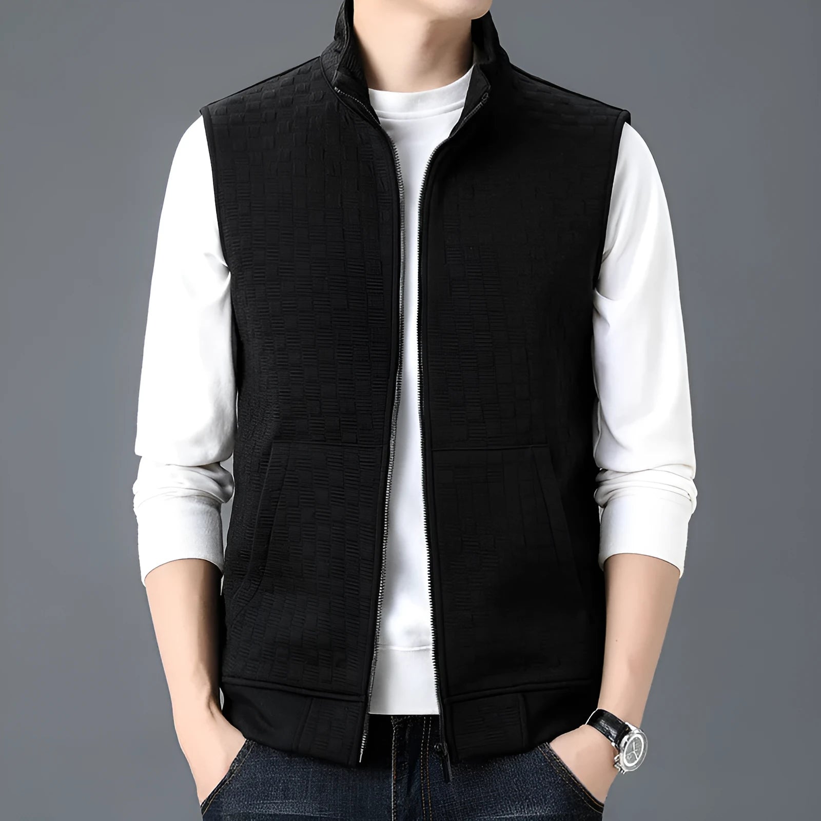 Men's sleeveless cardigan-style vest in a chemical fibre blend, shown in black, brown, khaki, and grey colour options.