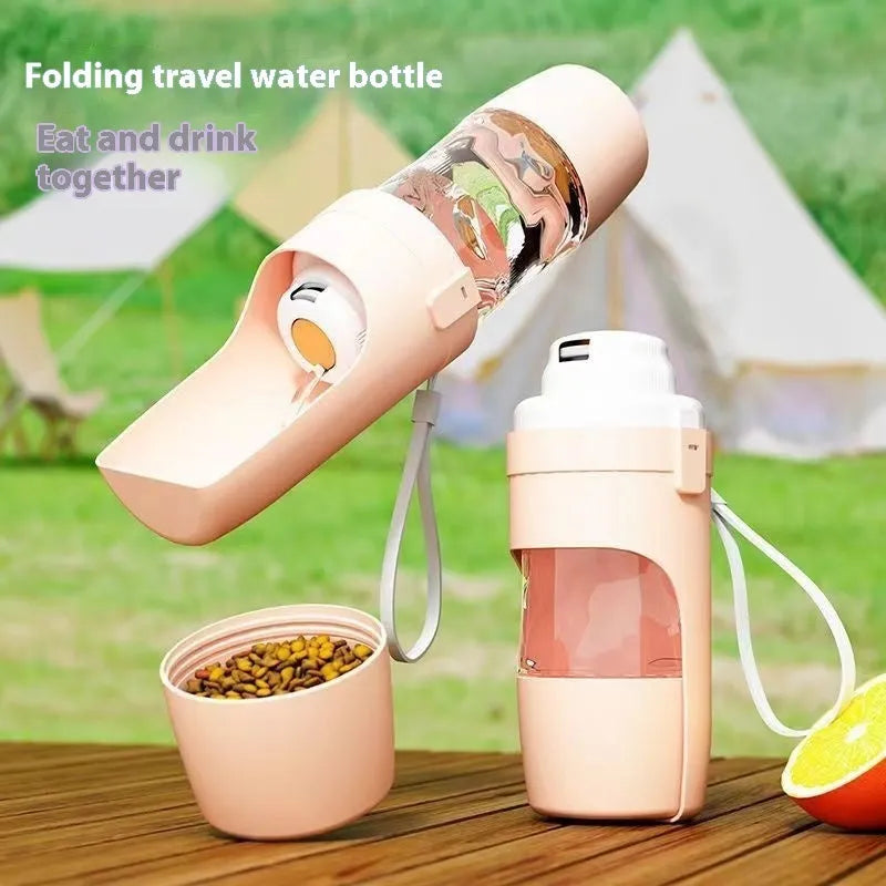 Grey 2-in-1 travel dog water bottle and feeder with lanyard, showing water and food compartments