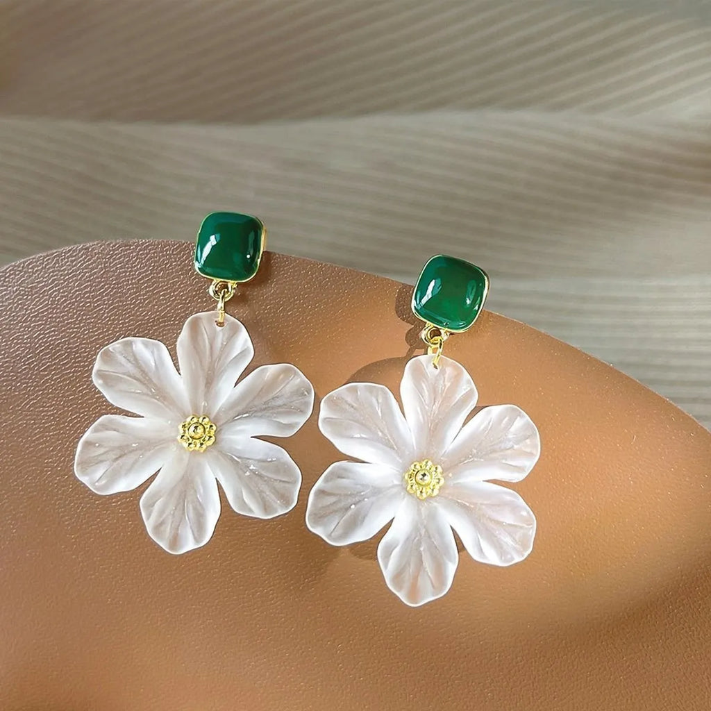 Dark green alloy floral earrings with needle flowers design for women