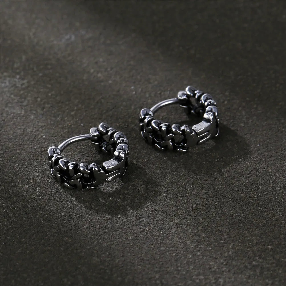 Men's geometric copper earrings in 10mm and 14mm sizes, showing silver single and auspicious cloud designs.