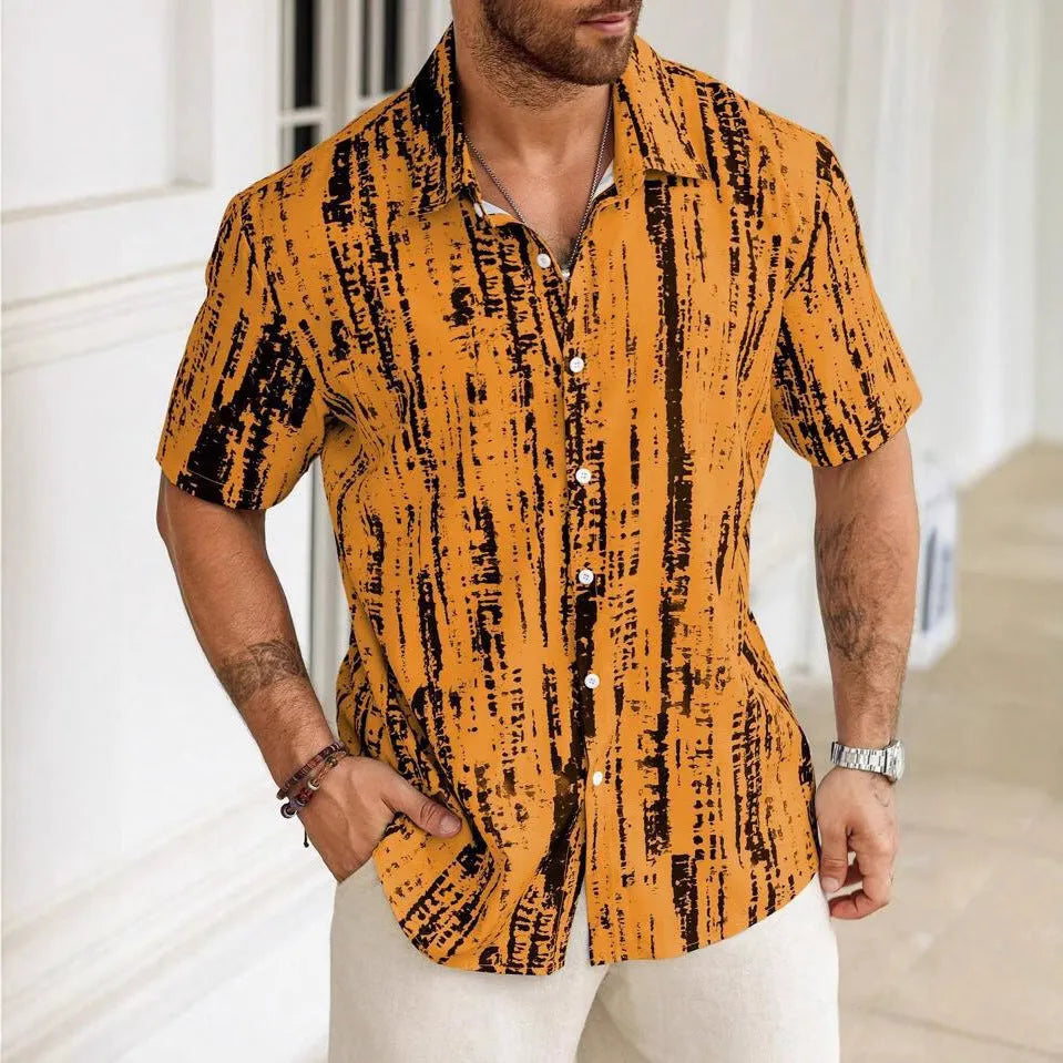 Men's 3D printed short sleeve shirt in striped pattern with anti-wrinkle polyester fabric