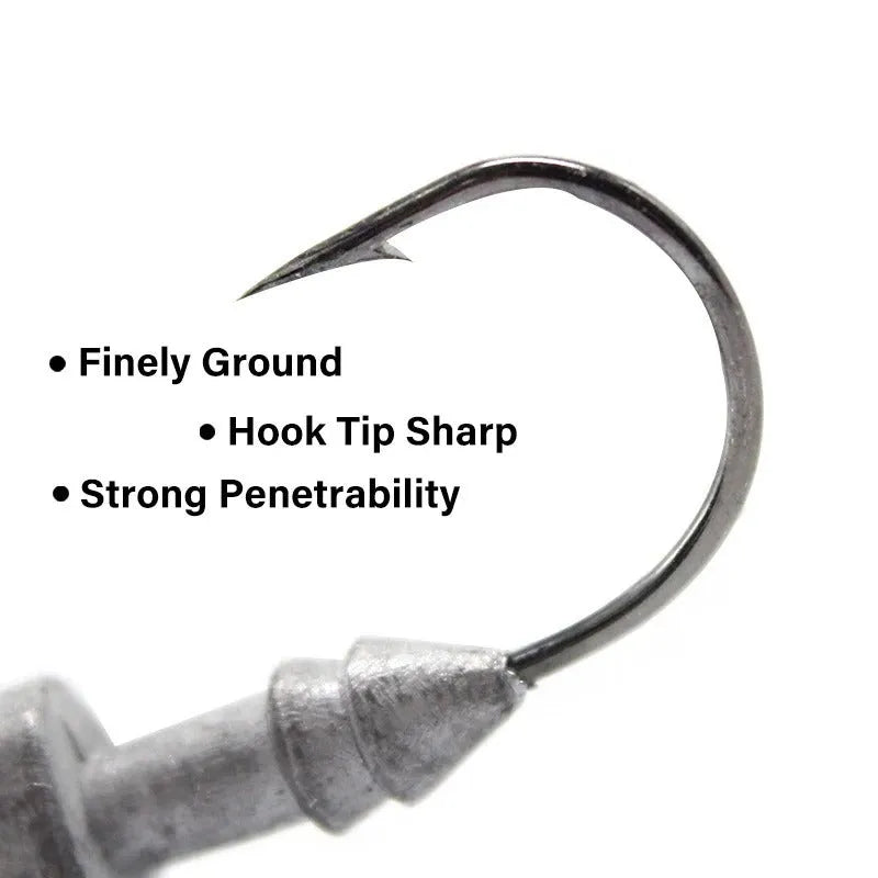Yayu shaped lead head fishing hooks in blue, silver, yellow with weights from 3.5g to 28g and soft baits.