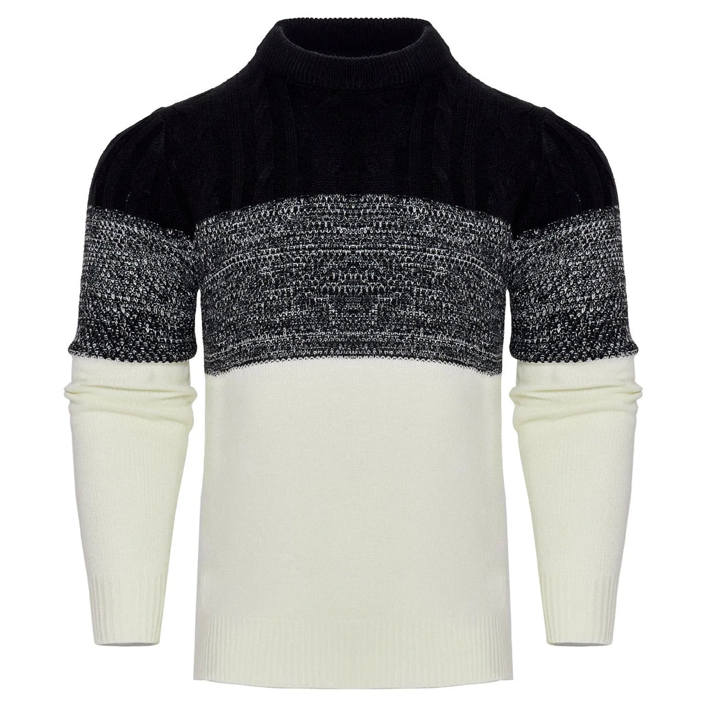 Men's casual colour block long sleeve cable knit pullover sweater in blue, crew neck and textured knit