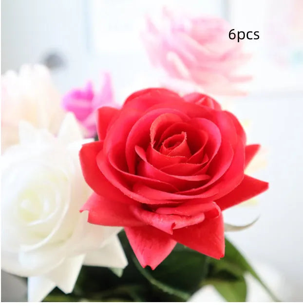 Artificial silk touch rose flower with red petals on a green plastic stem, showing approximate 42cm length.