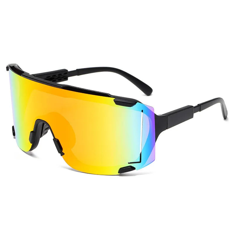 Unisex cycling glasses with HD PC lenses in a colourful frame, suitable for outdoor sports.